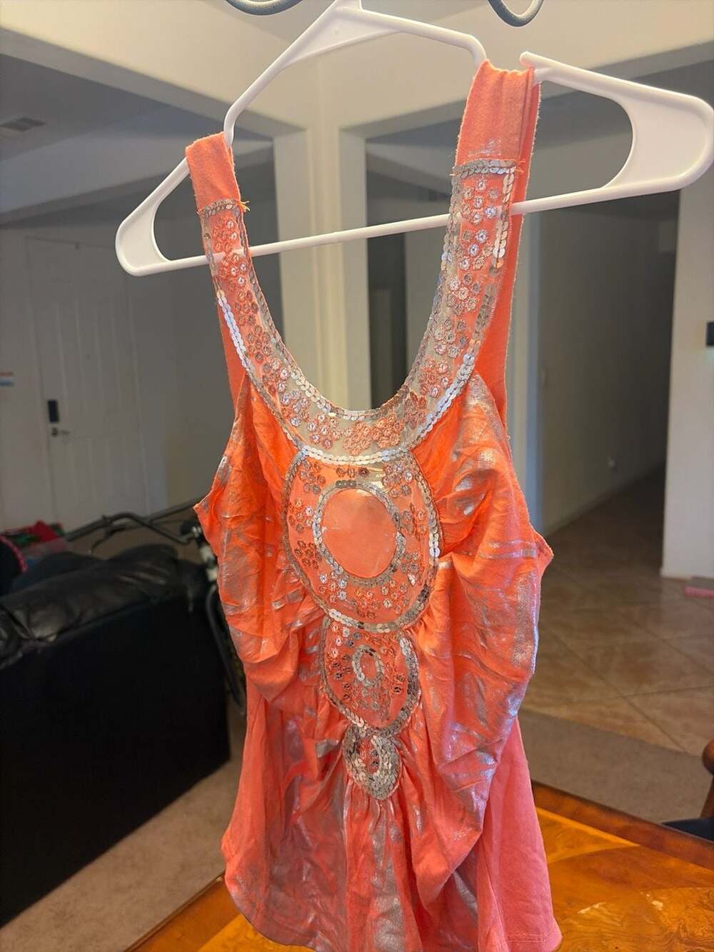 Knitro Y2K Coral Orange Sequin Mesh Embellished Tank Top